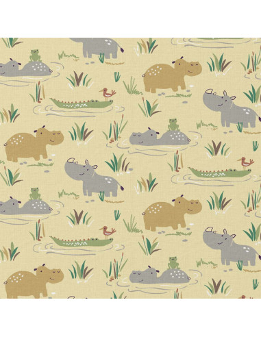 Tissu, Cretonne de Coton, Hippopotames Jaunes, Laize 150 cm, 100% Coton