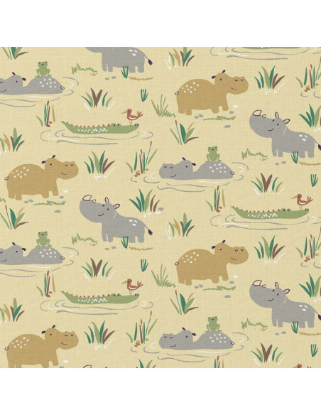 Tissu, Cretonne de Coton, Hippopotames Jaunes, Laize 150 cm, 100% Coton