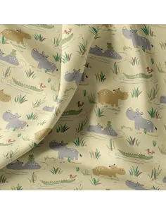Tissu, Cretonne de Coton, Hippopotames Jaunes, Laize 150 cm, 100% Coton 2