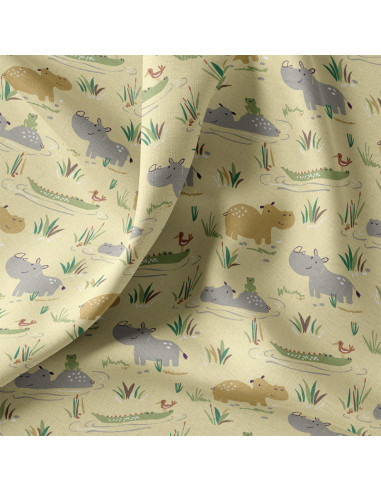 Tissu, Cretonne de Coton, Hippopotames Jaunes, Laize 150 cm, 100% Coton