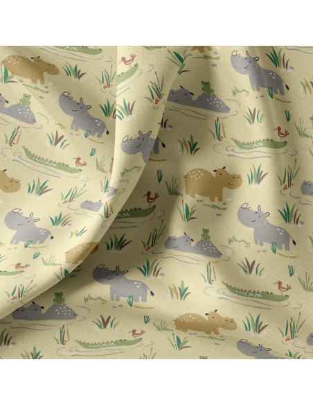 Tissu, Cretonne de Coton, Hippopotames Jaunes, Laize 150 cm, 100% Coton