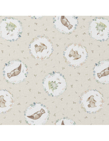 Tissu, Cretonne de Coton, Lapins & Grenouilles Fantaisie, Laize 150 cm, 100% Coton