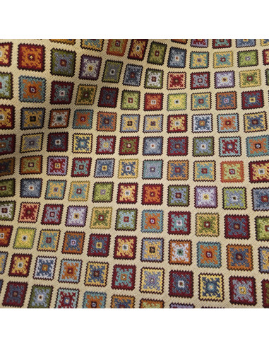 Tissu, Jacquard Gobelin Kilim Motifs Géométriques, Multicolore, Laize 140 cm, 65% Polyester 35% Coton 360g/m²