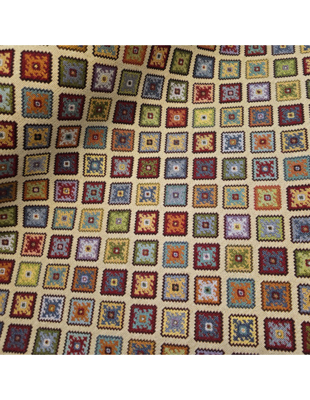 Tissu, Jacquard Gobelin Kilim Motifs Géométriques, Multicolore, Laize 140 cm, 65% Polyester 35% Coton 360g/m²