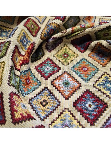 Tissu, Jacquard Gobelin Kilim Motifs Géométriques, Multicolore, Laize 140 cm, 65% Polyester 35% Coton 360g/m²