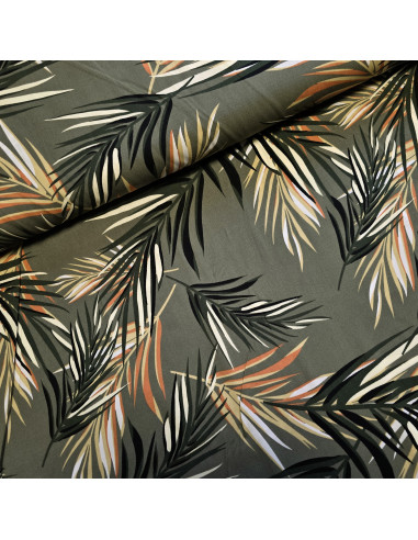 Tissu, Viscose Stretch Imprimée, Feuilles Tropicales Vert Orange, Laize 140 cm, 97% Viscose 3% Elasthanne 252g/ml