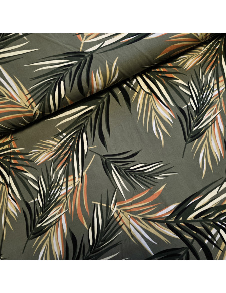 Tissu, Viscose Stretch Imprimée, Feuilles Tropicales Vert Orange, Laize 140 cm, 97% Viscose 3% Elasthanne 252g/ml