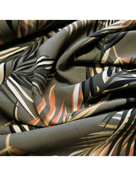 Tissu, Viscose Stretch Imprimée, Feuilles Tropicales Vert Orange, Laize 140 cm, 97% Viscose 3% Elasthanne 252g/ml