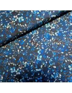 Popeline de coton, impression digitale, feuilles et fleurs bleues