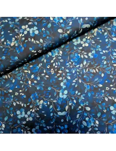 Tissu, Popeline de Coton Impression Digitale, Feuilles et Fleurs Bleues, Laize 150 cm, 100% Coton 108.5g/m²