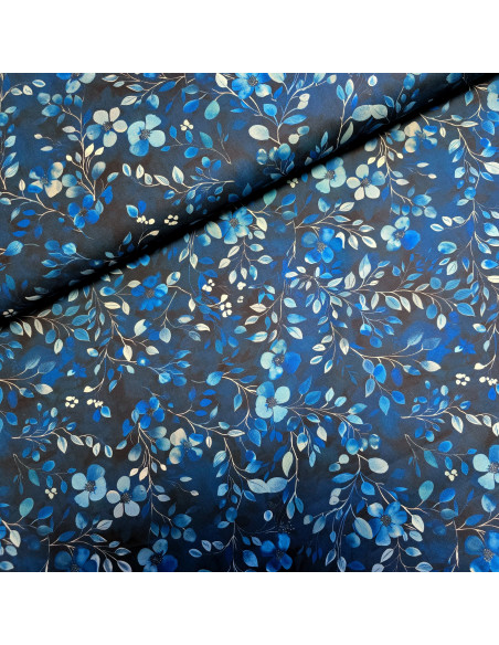 Tissu, Popeline de Coton Impression Digitale, Feuilles et Fleurs Bleues, Laize 150 cm, 100% Coton 108.5g/m²
