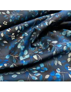 Tissu, Popeline de Coton Impression Digitale, Feuilles et Fleurs Bleues, Laize 150 cm, 100% Coton 108.5g/m² 2