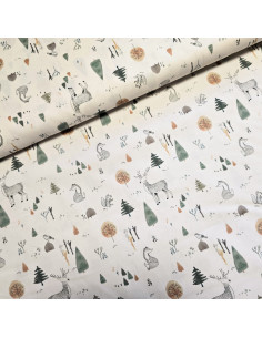 Popeline de coton, impression digitale, animaux de la forêt