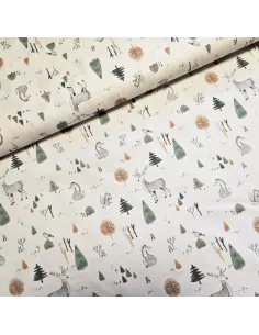 Tissu, Popeline de Coton Animaux de la Forêt, Multicolore, Laize 150 cm, 100% Coton 163g/m²