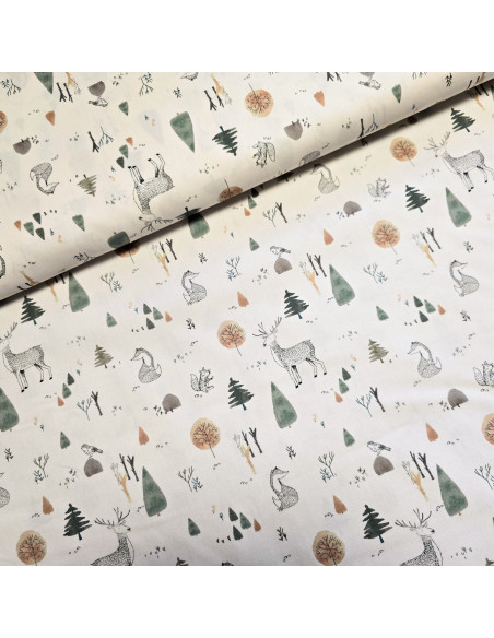 Tissu, Popeline de Coton Animaux de la Forêt, Multicolore, Laize 150 cm, 100% Coton 163g/m²