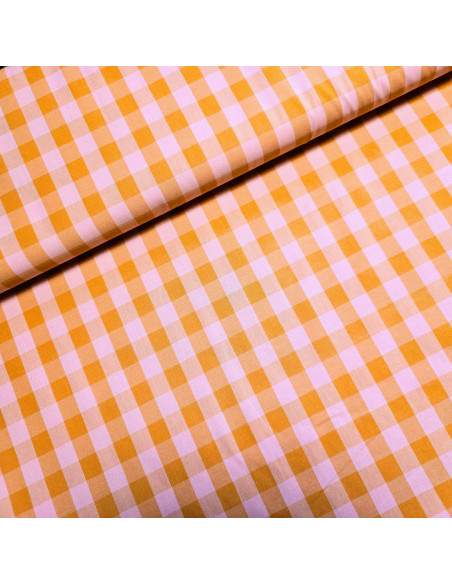 Tissu, Vichy Grands Carreaux, Orange / Rose, Laize 145 cm, 100% Coton 167g/m²