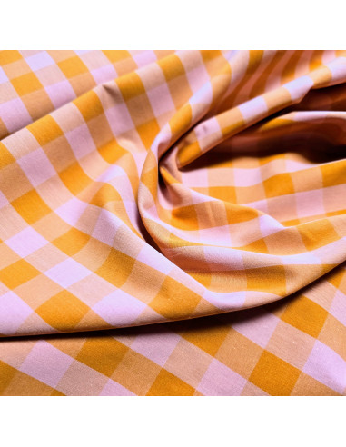Tissu, Vichy Grands Carreaux, Orange / Rose, Laize 145 cm, 100% Coton 167g/m²