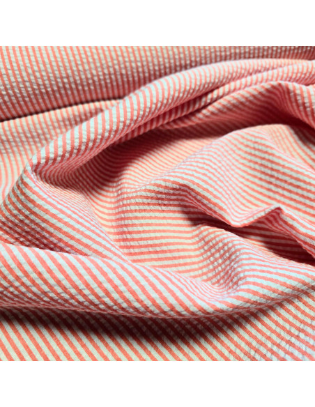 Tissu, Rayures Fines Gaufrées, Orange et Blanc, Laize 145 cm, 50% Coton 50% Polyester 159.5g/ml