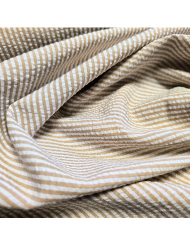 Tissu, Rayures Fines Gaufrées, Beige et Blanc, Laize 145 cm, 50% Coton 50% Polyester 110g/m²