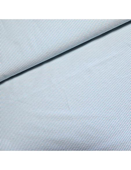 Tissu, Rayures Fines Gaufrées, Bleu Ciel et Blanc, Laize 145 cm, 50% Coton 50% Polyester 160g/ml
