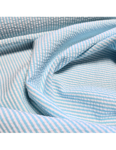 Tissu, Rayures Fines Gaufrées, Bleu Ciel et Blanc, Laize 145 cm, 50% Coton 50% Polyester 160g/ml