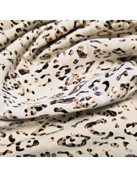Tissu, Viscose Lin Imprimé Léopard Lurex, Noir Bronze sur Naturel, Laize 130 cm, 85% Viscose 15% Lin 169g/ml