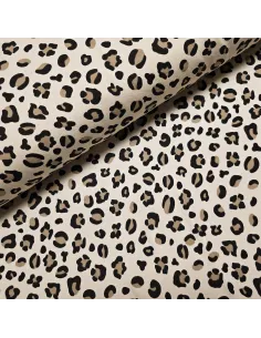 Tissu, French Terry Imprimé Léopard, Beige Marron Noir, Laize 148 cm, Coton Stretch Oeko-Tex