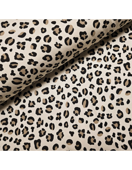 Tissu, French Terry Imprimé Léopard, Beige Marron Noir, Laize 148 cm, Coton Stretch Oeko-Tex