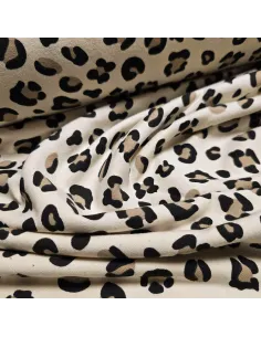 Tissu, French Terry Imprimé Léopard, Beige Marron Noir, Laize 148 cm, Coton Stretch Oeko-Tex 2