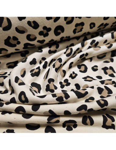 Tissu, French Terry Imprimé Léopard, Beige Marron Noir, Laize 148 cm, Coton Stretch Oeko-Tex