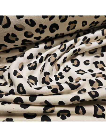 Tissu, French Terry Imprimé Léopard, Beige Marron Noir, Laize 148 cm, Coton Stretch Oeko-Tex