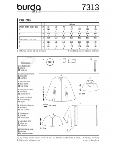 Patron N°7313 Burda : Cape