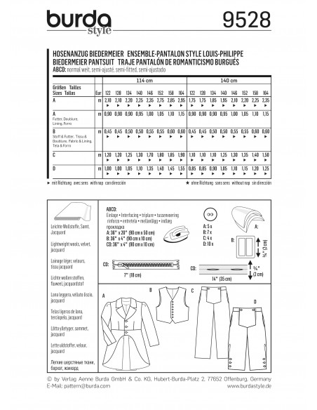 Patron Burda Carnaval 9528 - Déguisement Historique Ensemble et Pantalon style Louis - Philippe enfant