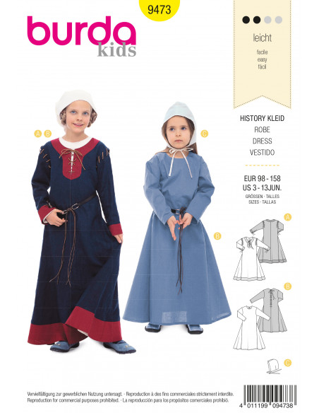 Patron Burda Carnaval 9473 - Déguisement Historique Robe médiévale enfant