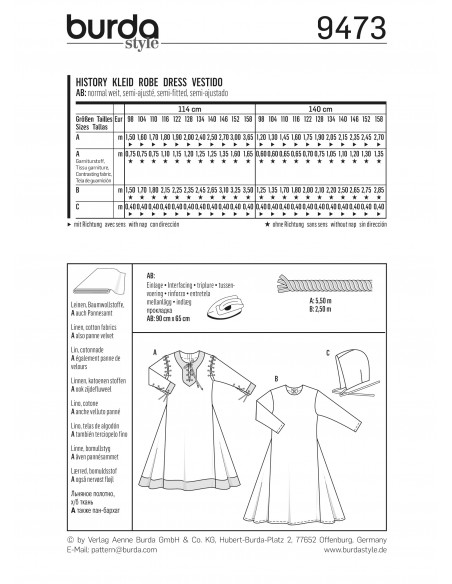 Patron Burda Carnaval 9473 - Déguisement Historique Robe médiévale enfant