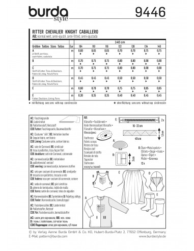 Patron Burda Carnaval 9446 - Déguisement Historique de Chevalier enfant