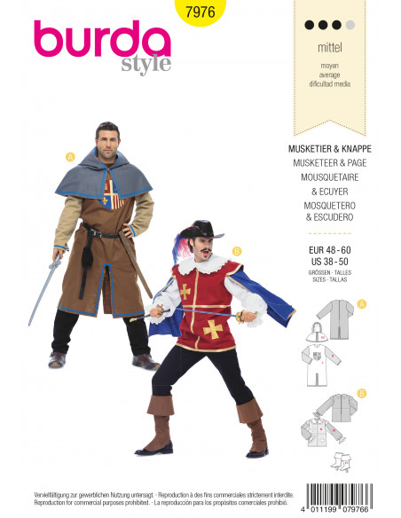 Patron Burda Carnaval 7976 - Déguisement Historique Mousquetaire et Ecuyer Homme