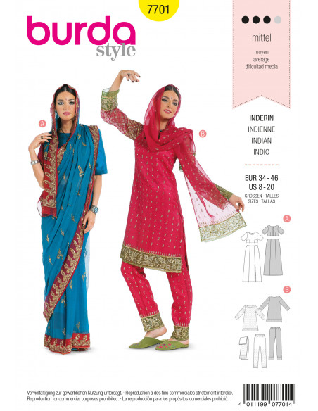 Patron Burda Carnaval 7701 - Déguisement Historique Indienne Femme