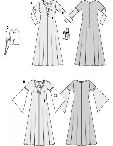 Patron Burda Carnaval 7468 - Déguisement Historique Robe, bonnet Moyen - Âge Femme