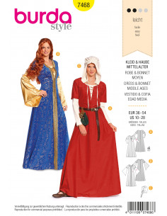 Patron Burda Carnaval 7468 - Déguisement Historique Robe, bonnet Moyen - Âge Femme