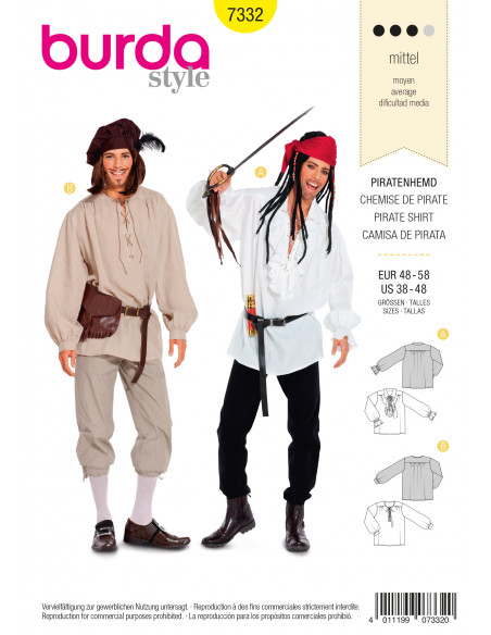 Patron Burda Carnaval 7332 - Déguisement Historique Chemise de pirate Homme