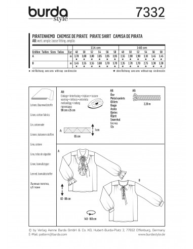 Patron Burda Carnaval 7332 - Déguisement Historique Chemise de pirate Homme