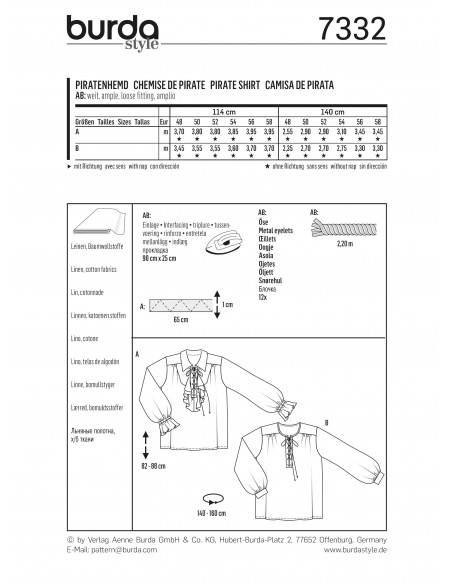 Patron Burda Carnaval 7332 - Déguisement Historique Chemise de pirate Homme