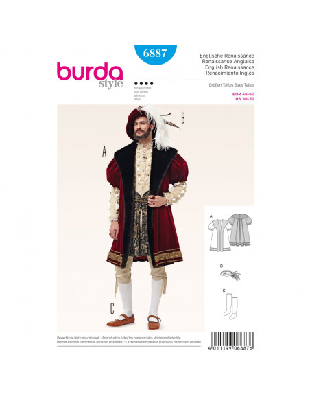 Patron Burda Carnaval 6887 - Déguisement Historique Renaissance anglaise Homme