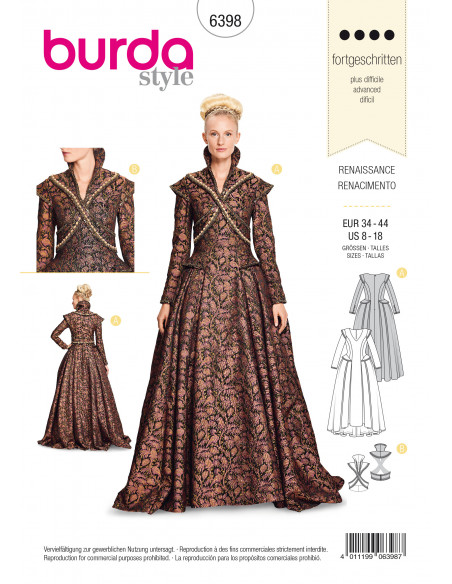 Patron Burda Carnaval 6398- Déguisement Historique Renaissance Femme