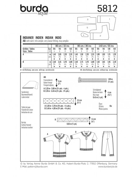 Patron Burda Carnaval 5812 - Déguisement Costume indien enfant