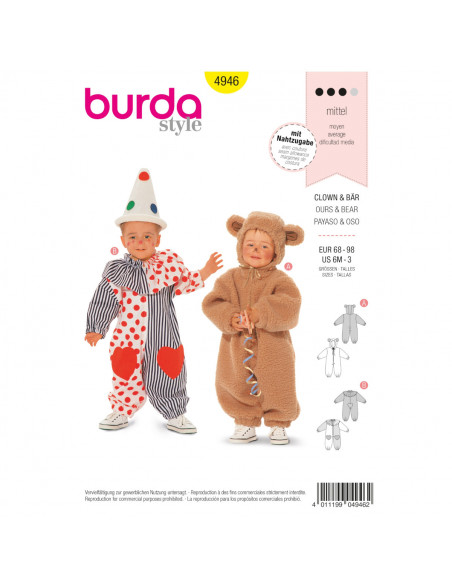 Patron Burda Carnaval 4946 -  Déguisement Clown & ours bébé