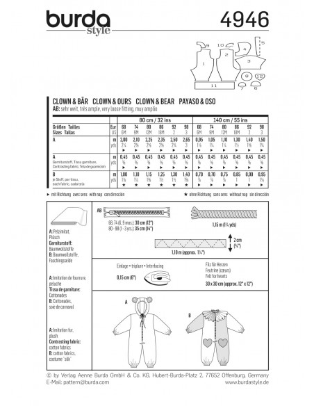 Patron Burda Carnaval 4946 -  Déguisement Clown & ours bébé