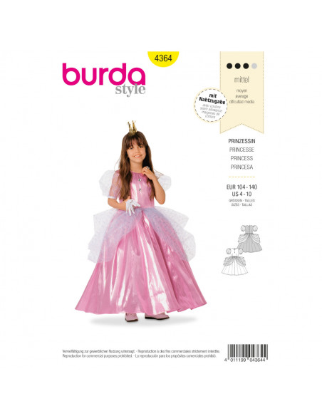 Patron Burda Carnaval 4364 -  Déguisement Historique de   Princesse enfant