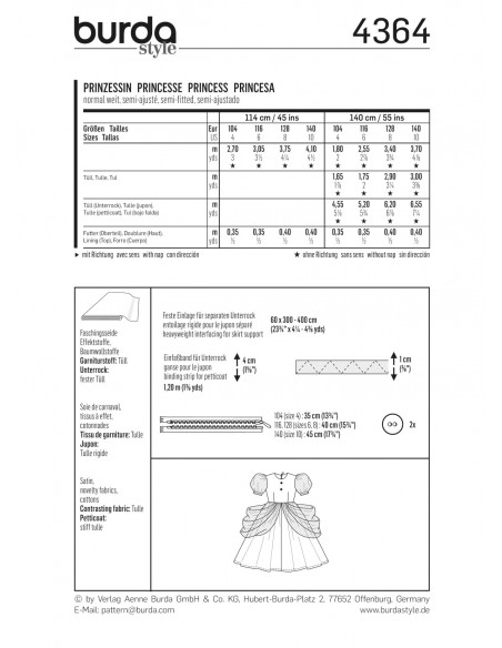Patron Burda Carnaval 4364 -  Déguisement Historique de   Princesse enfant
